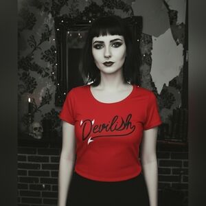 Imagin8 red devil horns & tail Devilish graphics Halloween t shirt S NWT